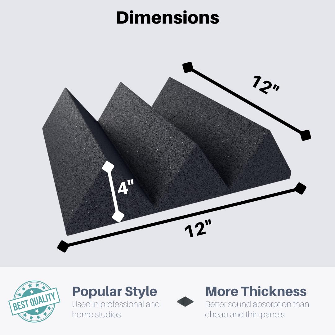 Bass Absorbing Wedge Style Panels - Soundproofing Acoustic Studio Foam - 12"x12"x4" Tiles - 2 Pack - DIY (Charcoal)