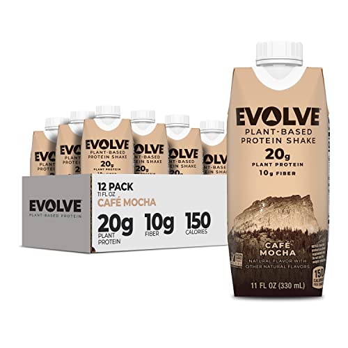 Evolve Plant Based Protein Shake, Café Mocha, 20g Vegan Protein, Dairy Free, No Artificial Sweeteners, Non-GMO, 10g Fiber, 11oz, (12 Pack) (Formula May Vary)