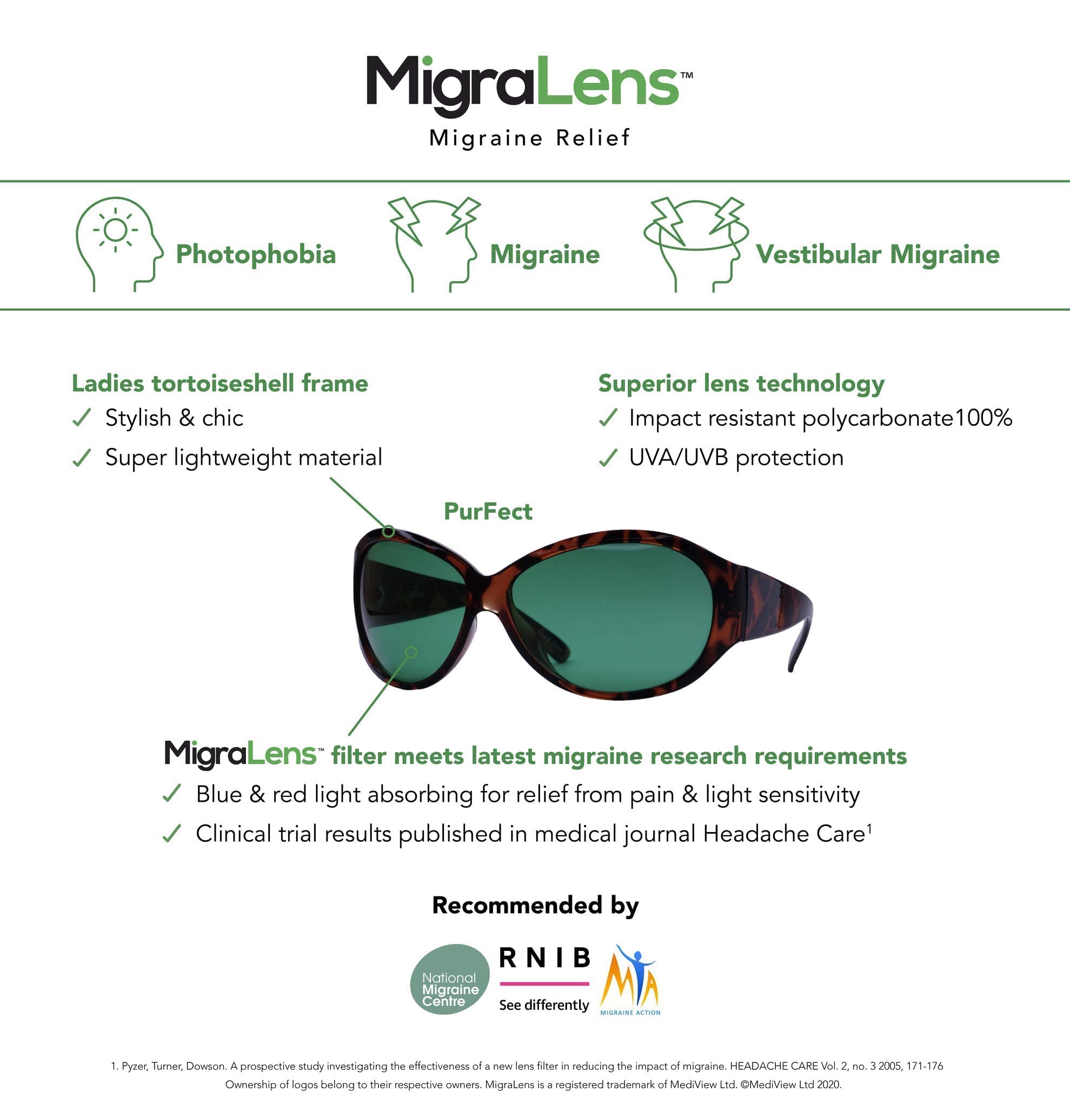 MigraLens Migraine Relief Glasses Women's Frame, Purfect Style | For Chronic Light Sensitivity | Green Lenses