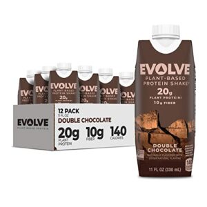 evolve plant based protein shake, double chocolate, 20g vegan protein, dairy free, no artificial sweeteners, non-gmo, 10g fiber, 11 fl oz (pack of 12) - (formula may vary)