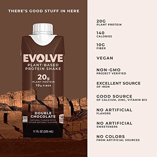 Evolve Plant Based Protein Shake, Double Chocolate, 20g Vegan Protein, Dairy Free, No Artificial Sweeteners, Non-GMO, 10g Fiber, 11 Fl Oz (Pack of 12) - (Formula May Vary)