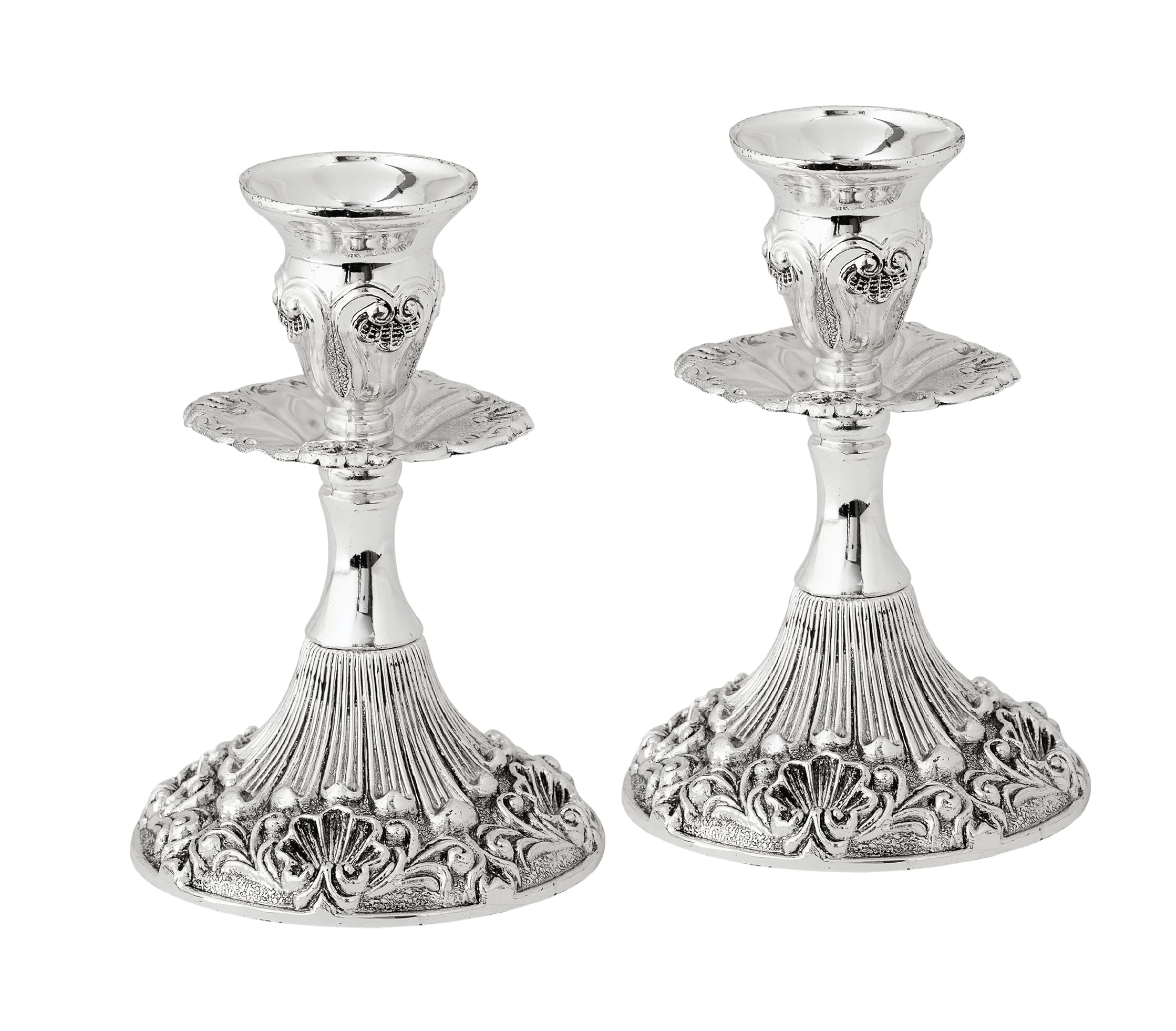 Silver Plated Candlesticks - 2 Pack Set - Pair of 5 Inch Ornate Candle Holders with Round Base and Floral Design