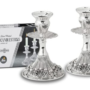 Silver Plated Candlesticks - 2 Pack Set - Pair of 5 Inch Ornate Candle Holders with Round Base and Floral Design