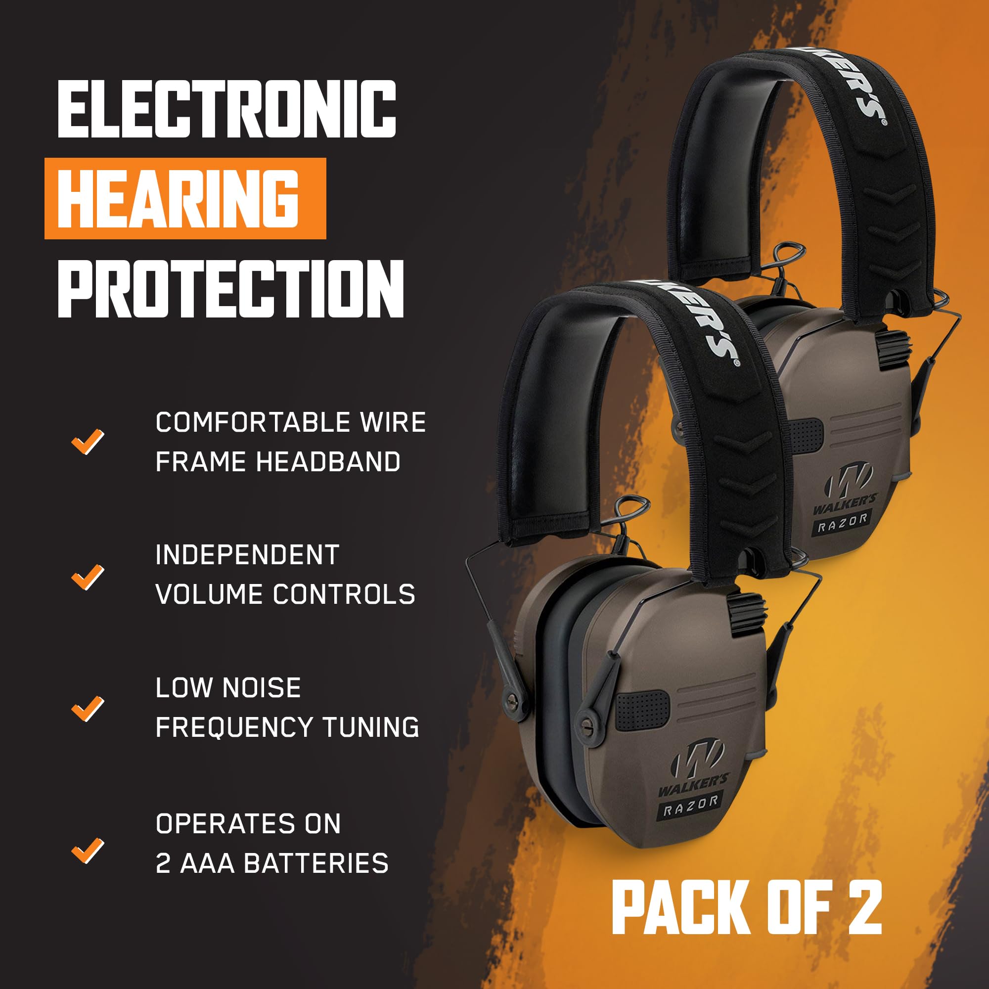 Walker's Razor Slim Shooter Electronic Hunting Folding Hearing Protection Earmuffs with 23dB Noise Reduction and Sound Amplification, (2 Pack)