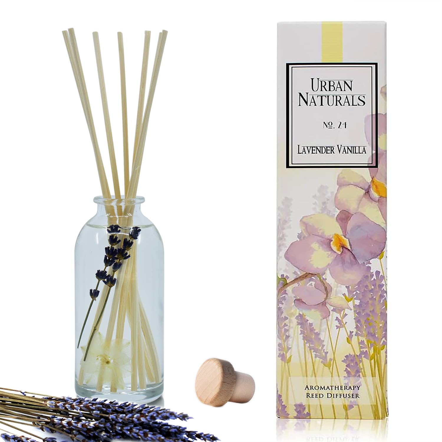 Urban Naturals Lavender Vanilla Reed Diffuser Set | Room Scent Infuser with Real Lavender & Natural Flowers | Soothing Scent Makes a Great Housewarming Gift | Great Idea