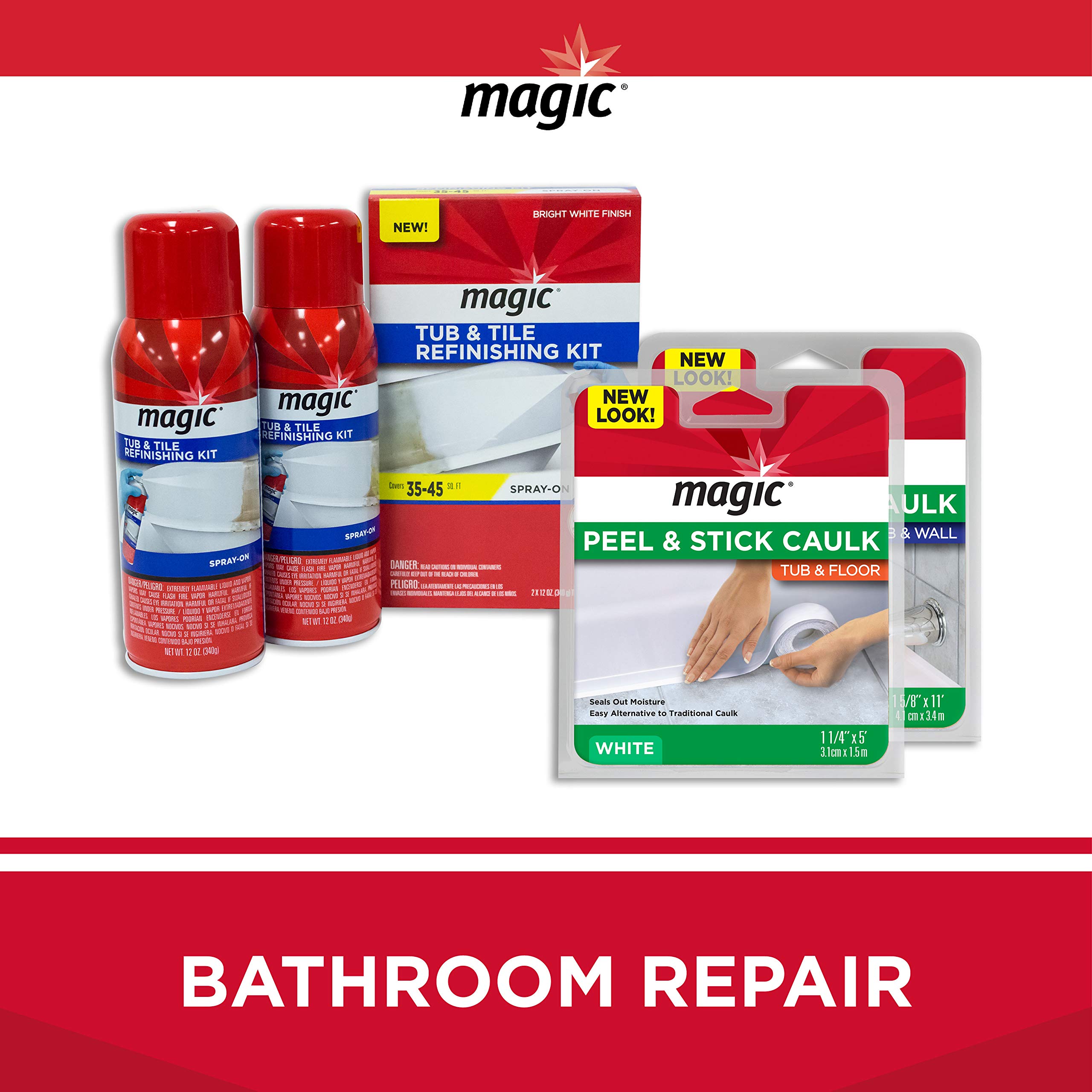 MAGIC 3124 Tub and Tile Refinishing Kit - Bright White - Paint On - Works On Ceramic Porcelain Acrylic Fiberglass Surfaces