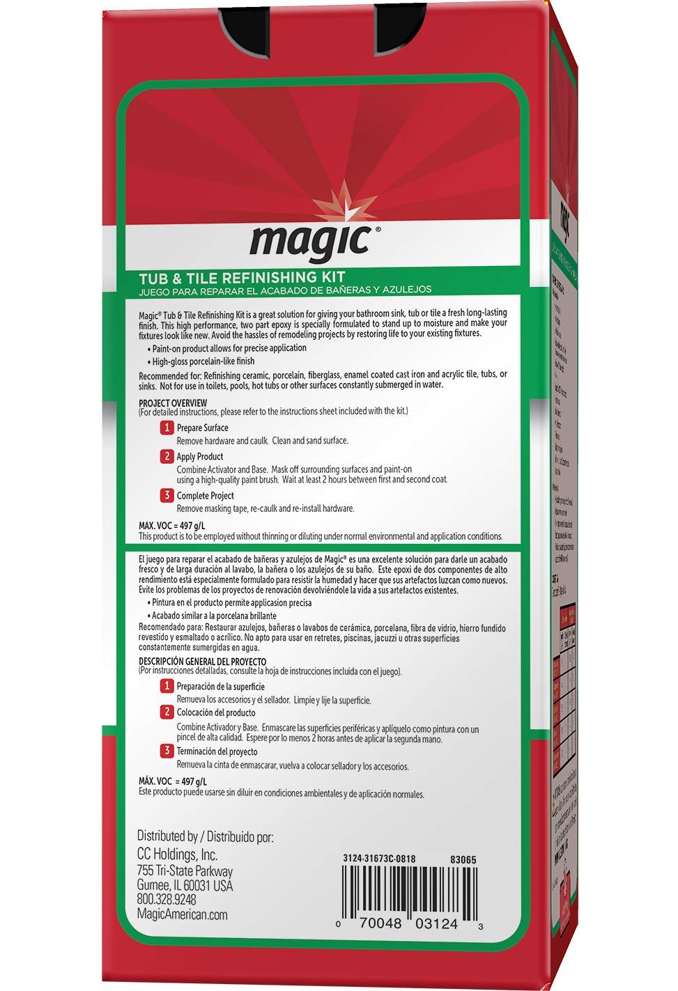 MAGIC 3124 Tub and Tile Refinishing Kit - Bright White - Paint On - Works On Ceramic Porcelain Acrylic Fiberglass Surfaces