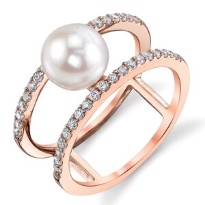 The Pearl Source 7-8mm Genuine Pink Freshwater Cultured Pearl Rose Gold Luna Ring for Women