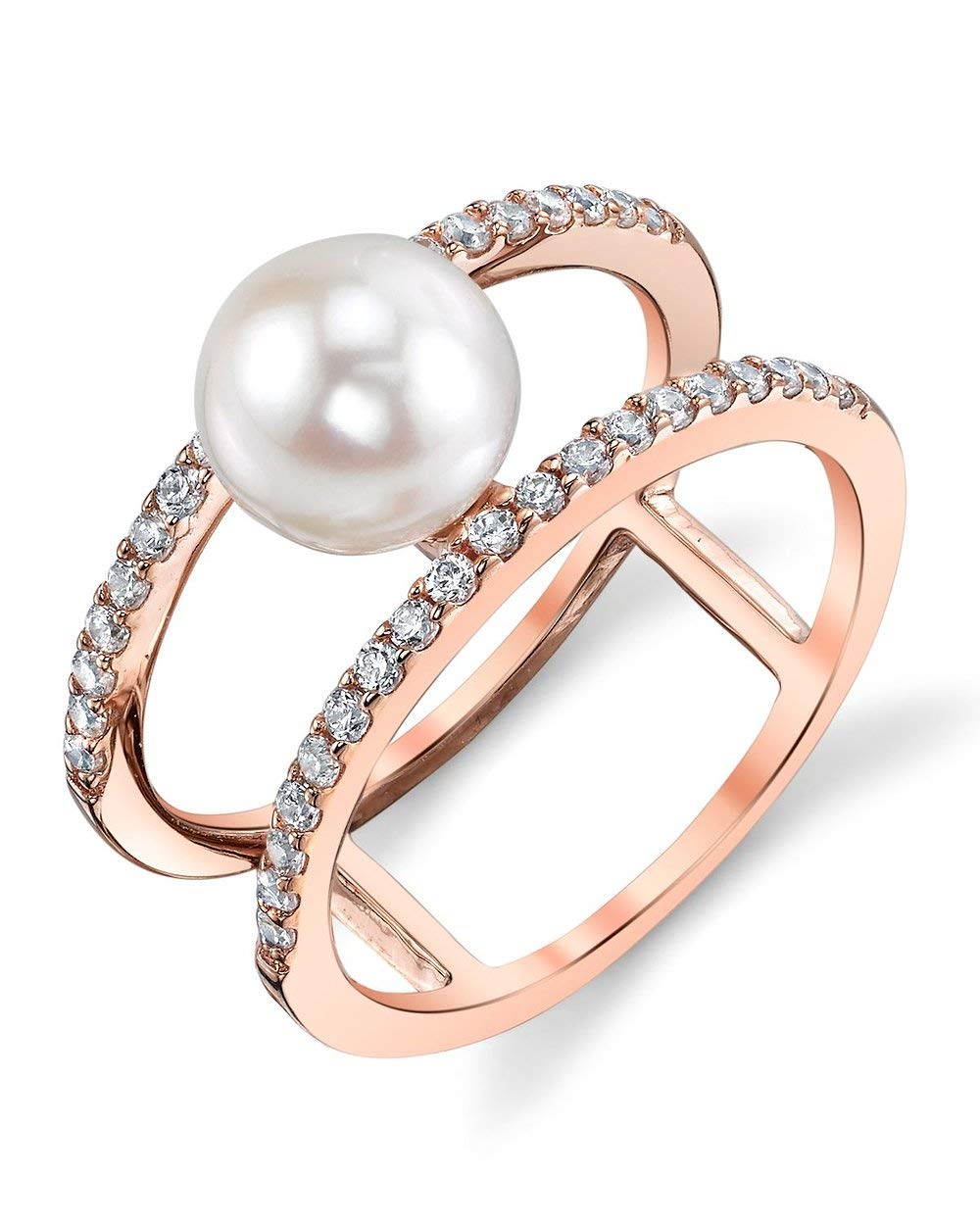 The Pearl Source 7-8mm Genuine Pink Freshwater Cultured Pearl Rose Gold Luna Ring for Women