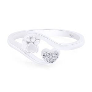 White Natural Diamond Accent Paw Print Heart Ring in 14k White Gold Over Sterling Silver (I-J Color, 0.03 Cttw) Ring Size-14