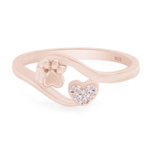 white natural diamond accent paw print heart ring in 14k rose gold over sterling silver (i-j color, 0.03 cttw) ring size-10