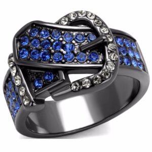 lanyjewelry royal blue multi color crystal ip light black stainless steel belt buckle ring - size 8