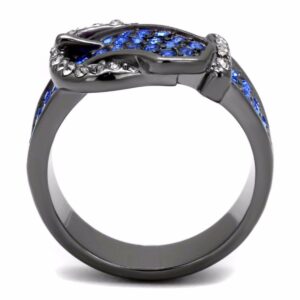 Lanyjewelry Royal Blue Multi Color Crystal IP Light Black Stainless Steel Belt Buckle Ring - Size 8