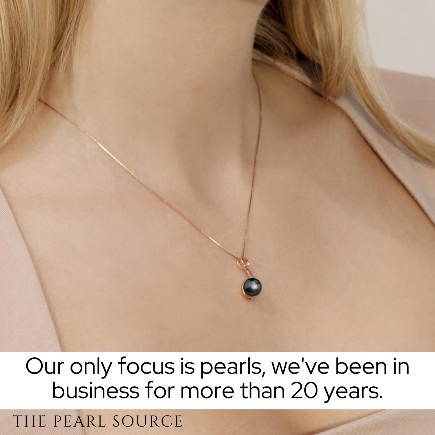 The Pearl Source 8-9mm Genuine Black Tahitian South Sea Cultured Pearl Rose Gold Anastasia Pendant Necklace for Women