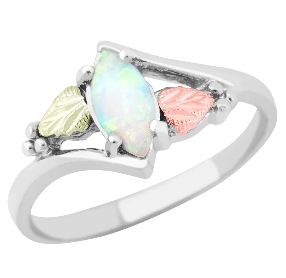 Created Opal Marquise Cabochon Bypass Ring, Sterling Silver, 12k Gold Pink and Green Gold, Size 8