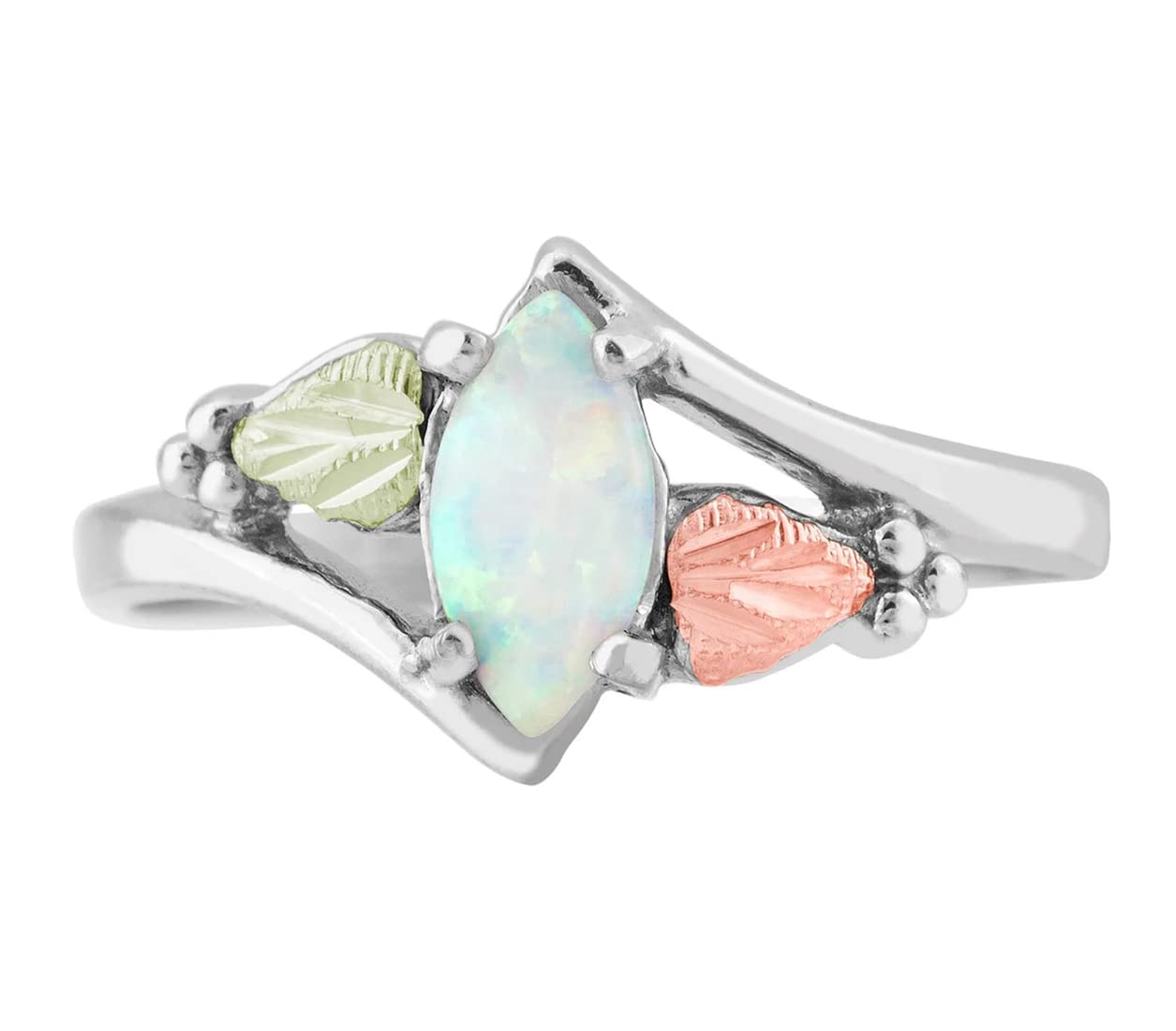 Created Opal Marquise Cabochon Bypass Ring, Sterling Silver, 12k Gold Pink and Green Gold, Size 8