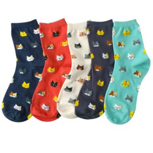 Chalier Womens Funny socks Cozy Cute Printed Patterned Fun Socks Novelty Cat Socks for Women Gifts, Cute Cat Multicolor 01(5 Pairs)