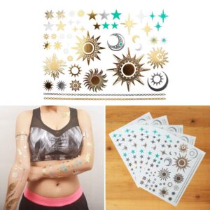 cokohappy 5 sheets metallic temporary tattoo 150+ universal sun moon star gold silver shine beach armband