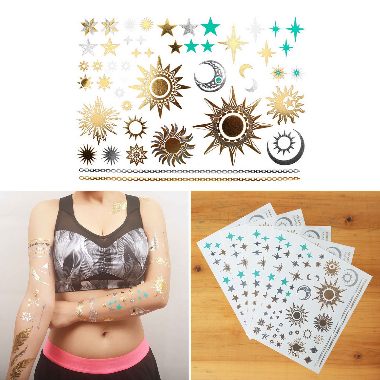 COKOHAPPY 5 Sheets Metallic Temporary Tattoo 150+ Universal Sun Moon Star Gold Silver Shine Beach Armband