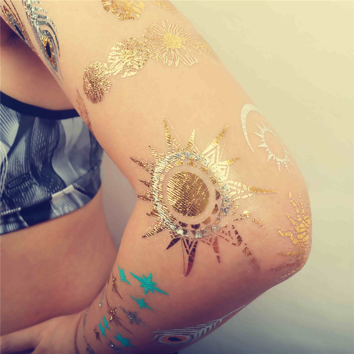 COKOHAPPY 5 Sheets Metallic Temporary Tattoo 150+ Universal Sun Moon Star Gold Silver Shine Beach Armband