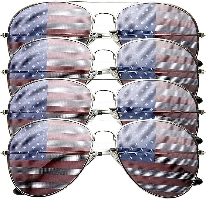 4 PACK Mens Bulk USA American Flag Aviator Sunglasses