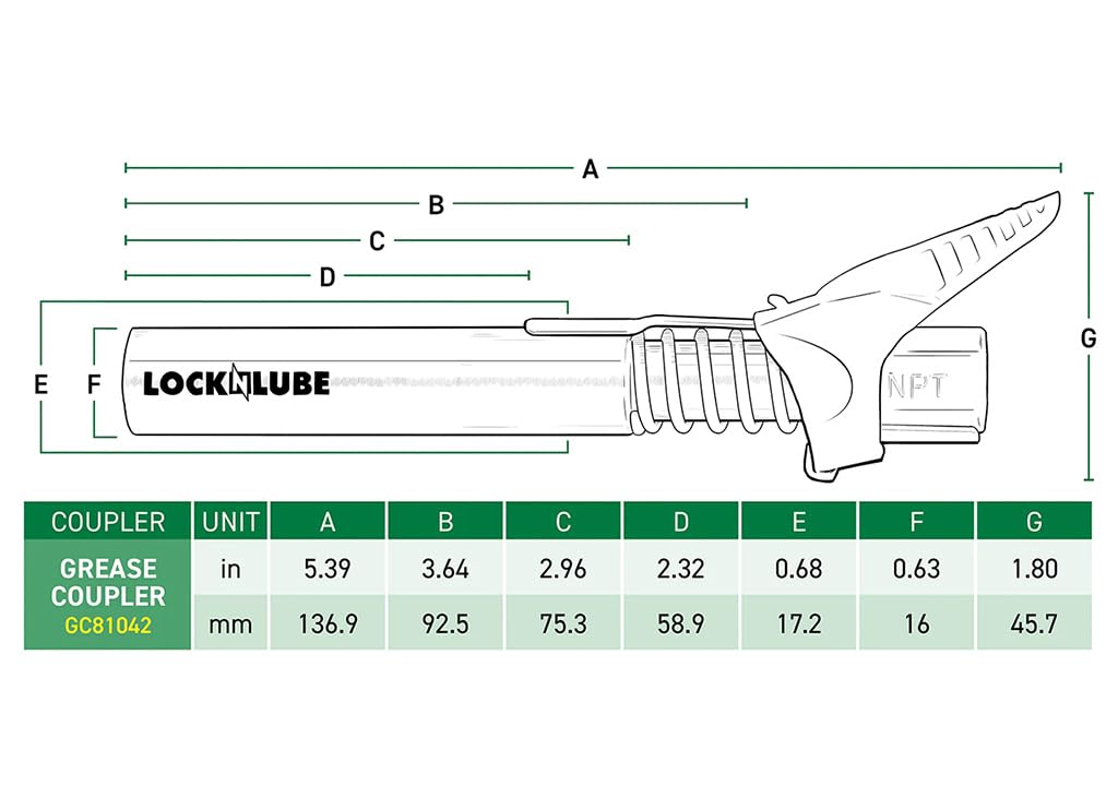 LockNLube Grease Gun Coupler XL - Extra reach for recessed grease fittings