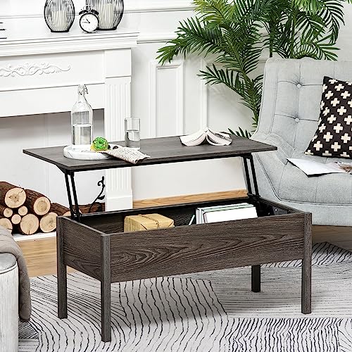 HOMCOM 39" Modern Lift Top Coffee Table Desk with Hidden Storage Compartment for Living Room, Light Grey Woodgrain