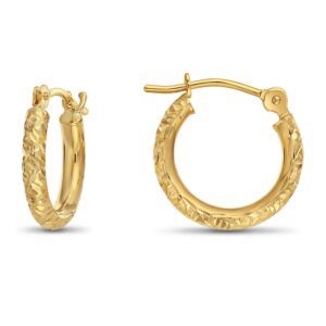 14k Gold Hand Engraved Diamond-cut Round Hoop Earrings (Yellow-Gold)…