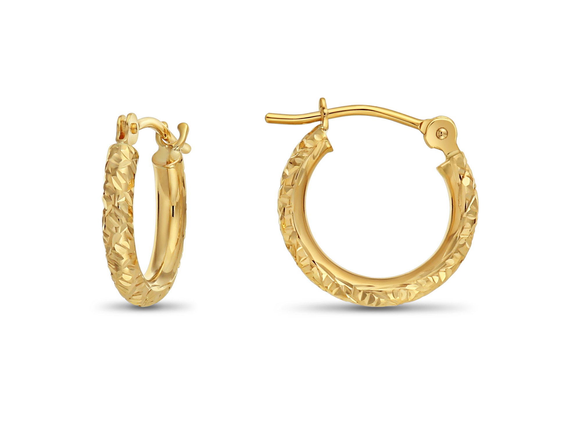 14k Gold Hand Engraved Diamond-cut Round Hoop Earrings (Yellow-Gold)…