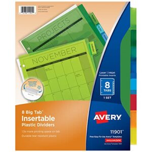 avery dividers for 3 ring binders, 8-tab binder dividers, plastic binder dividers, insertable big tabs, multicolor, 24 sets (11901)