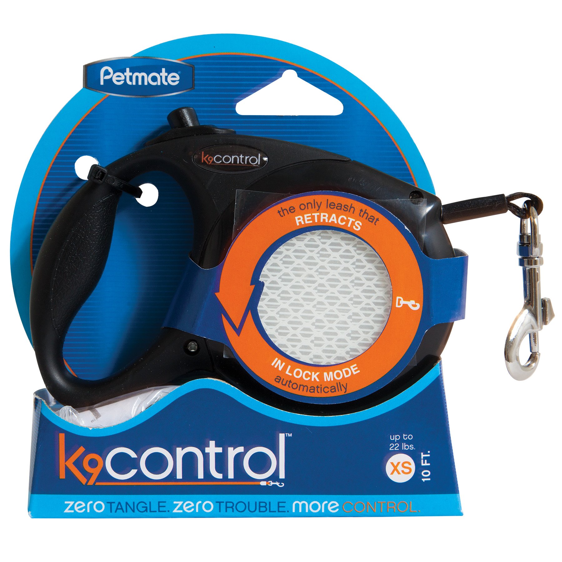 Petmate K9 Control Retractable Dog Walking Leash, Extra-Small, Up to 22lbs, 10’ tape, includes zeroslack technology allowing leash to retract while in locked position