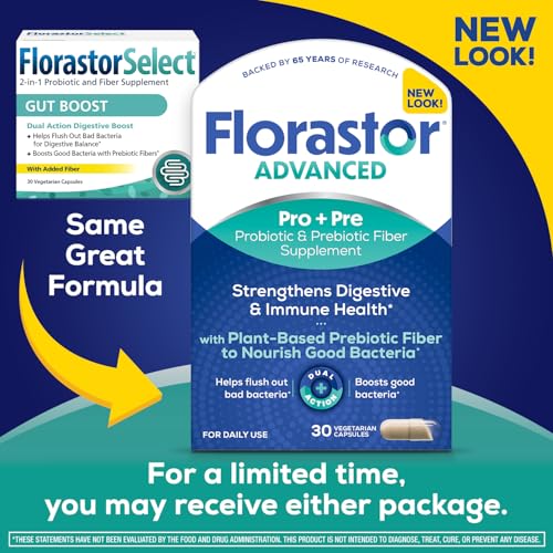 Florastor Select Pro + Pre Daily Probiotic & Prebiotic Supplement for Women and Men, Boosts Good Bacteria, Saccharomyces Boulardii CNCM I-745 (30 Capsules) (Pack of 1)