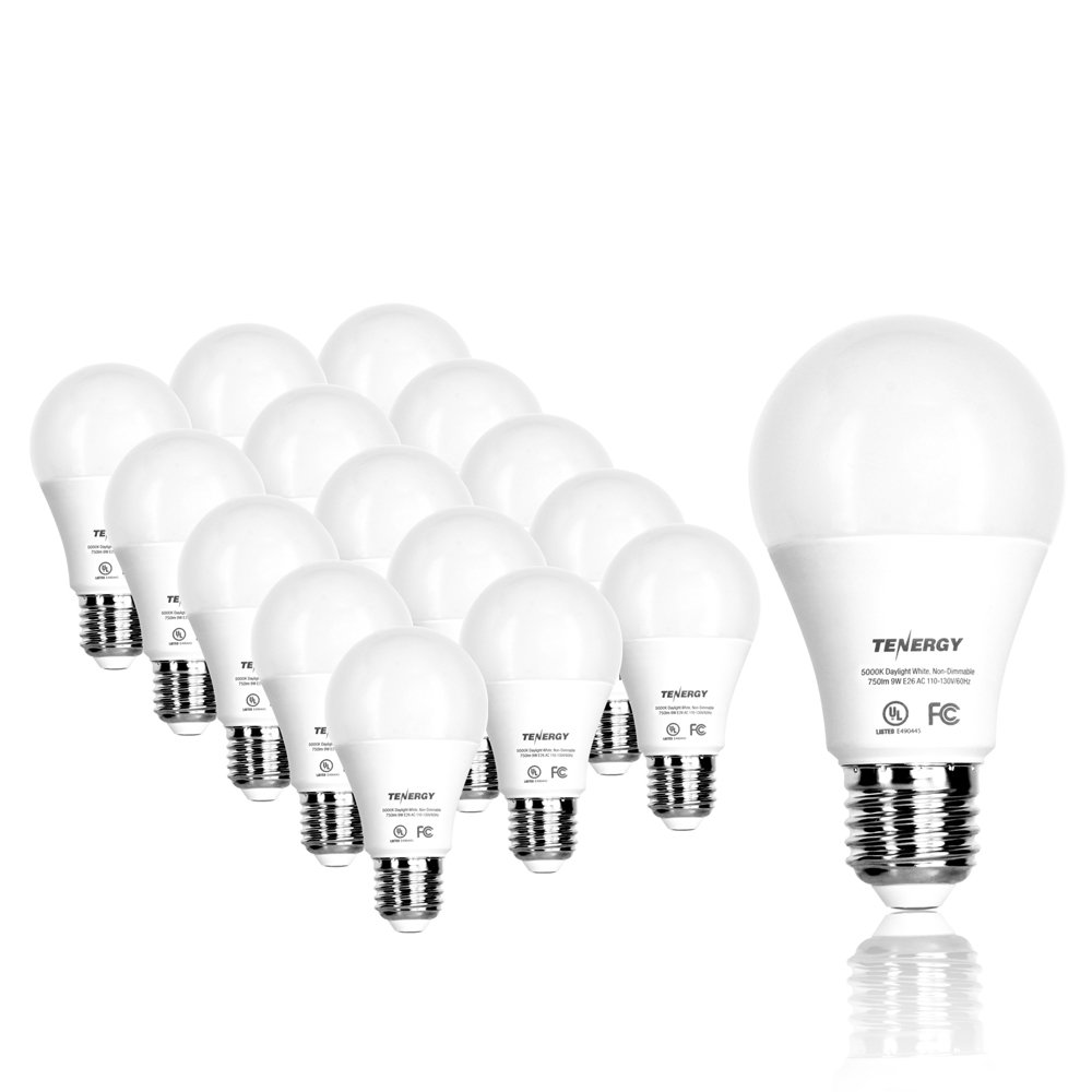 Tenergy LED Light Bulb, 9 watts Equivalent A19 E26 Medium Standard Base, 5000K Daylight White Energy Saving Light Bulbs for Office/Home (Pack of 16)