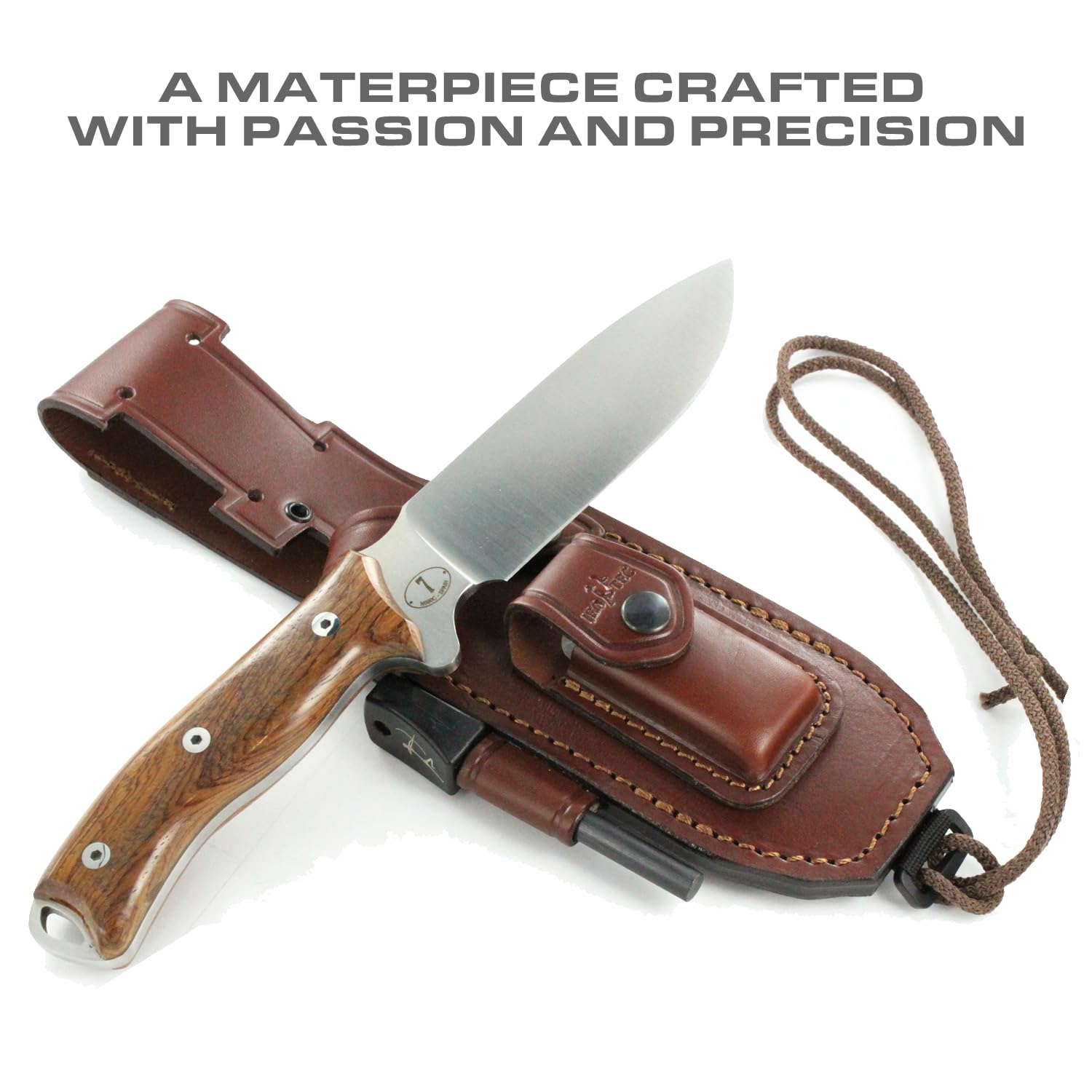 JEO-TEC Nº7 Bushcraft Survival Hunting Tactical Knife - BOHLER N690C Stainless Steel, Multi-positioned Leather Sheath, Sharpener Stone & Firesteel Included - Handmade