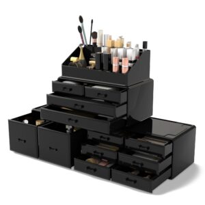 READAEER Makeup Cosmetic Organizer Storage Drawers Display Boxes Case with 12 Drawers (Black)