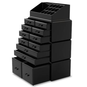 READAEER Makeup Cosmetic Organizer Storage Drawers Display Boxes Case with 12 Drawers (Black)