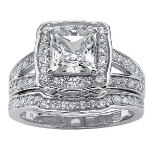 PalmBeach Platinum-plated Sterling Silver Princess Cut Cubic Zirconia Halo Bridal Ring Set Sizes 5-10 Size 8