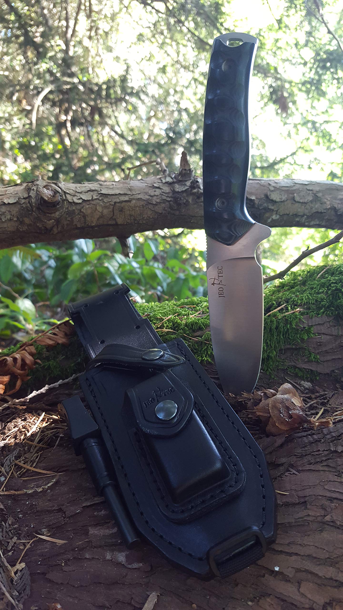 JEO-TEC Nº21 Bushcraft Survival Hunting Tactical Knife - BOHLER N690C Stainless Steel, Multi-positioned Leather Sheath, Sharpener Stone & Firesteel included - Handmade