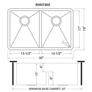 Ruvati 30-inch Low-Divide Undermount Tight Radius 50/50 Double Bowl 16 Gauge Stainless Steel Kitchen Sink - RVH7355