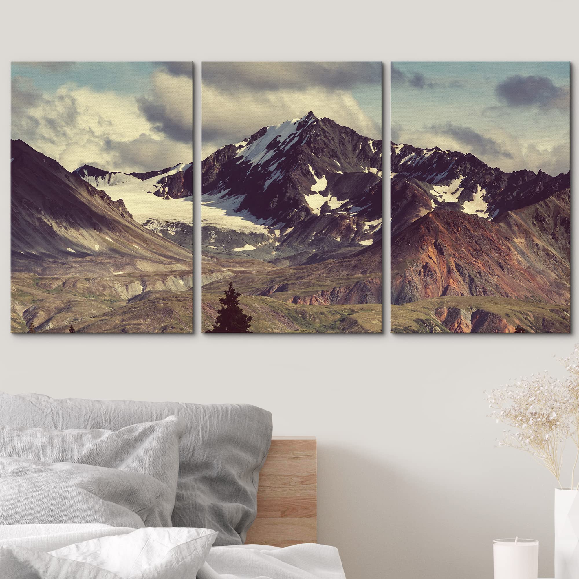 wall26 - 3 Piece Canvas Wall Art - Mountains in Alaska - Modern Home Art Stretched and Framed Ready to Hang - 16"x24"x3 Panels