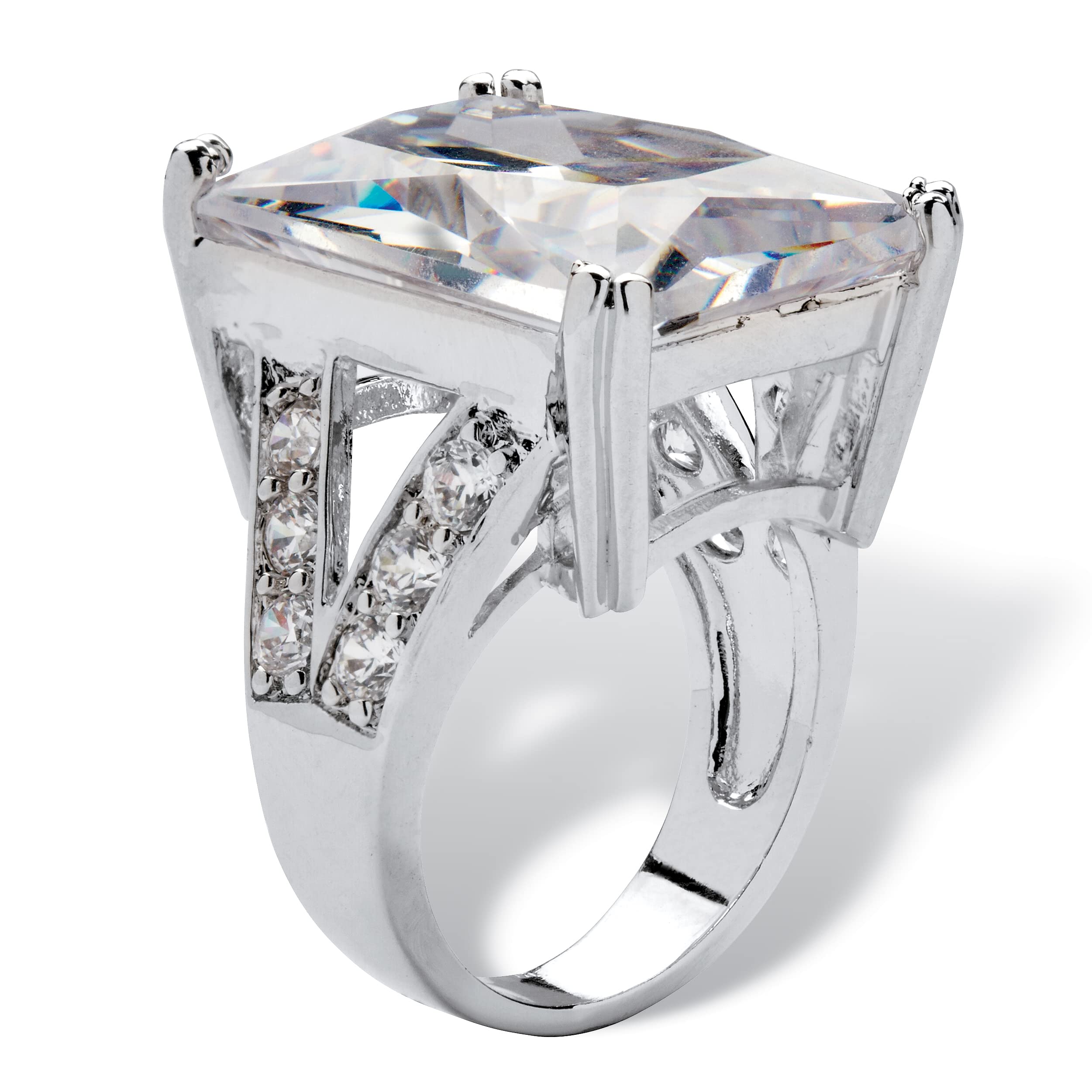 PalmBeach Platinum-Plated Emerald Cut Cubic Zirconia Split Shank Bridge Engagement Ring Sizes 6-10 Size 10