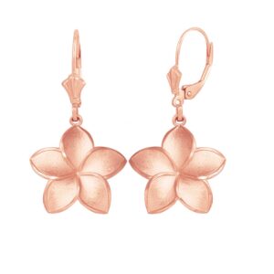 Matte Finish 14K Rose Gold Hawaiian Flower Plumeria (1") Dangle Earrings for Women Girls