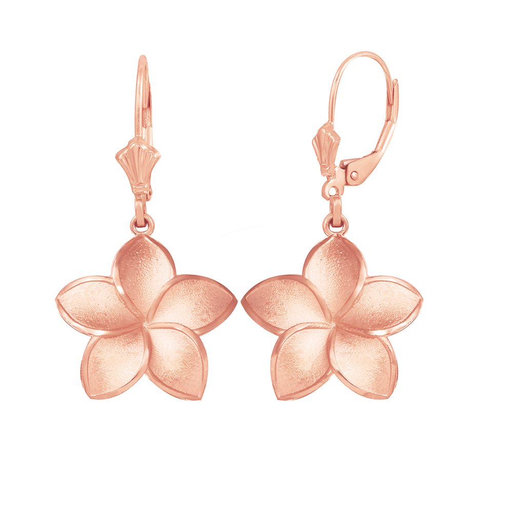 Matte Finish 14K Rose Gold Hawaiian Flower Plumeria (1") Dangle Earrings for Women Girls