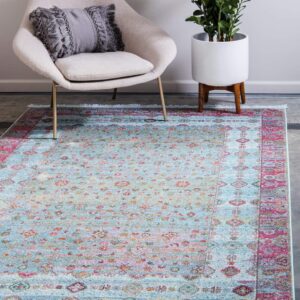 Unique Loom Baracoa Collection Bright Tones Border Vintage Traditional Area Rug, Rectangular 5' 5" x 8' 0", Blue/Pink