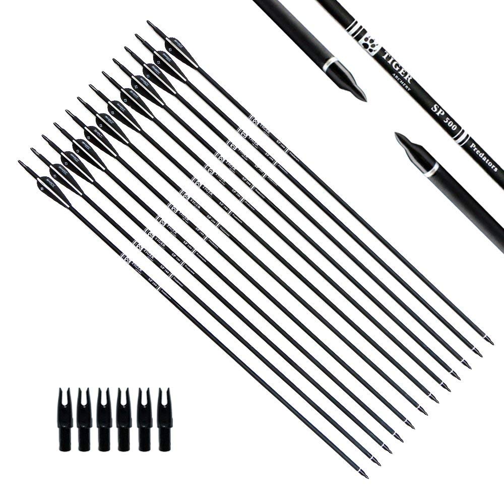 TIGER ARCHERY 30Inch Carbon Arrow Practice Hunting Arrows with Removable Tips for Compound & Recurve Bow(Pack of 12) (Black White)