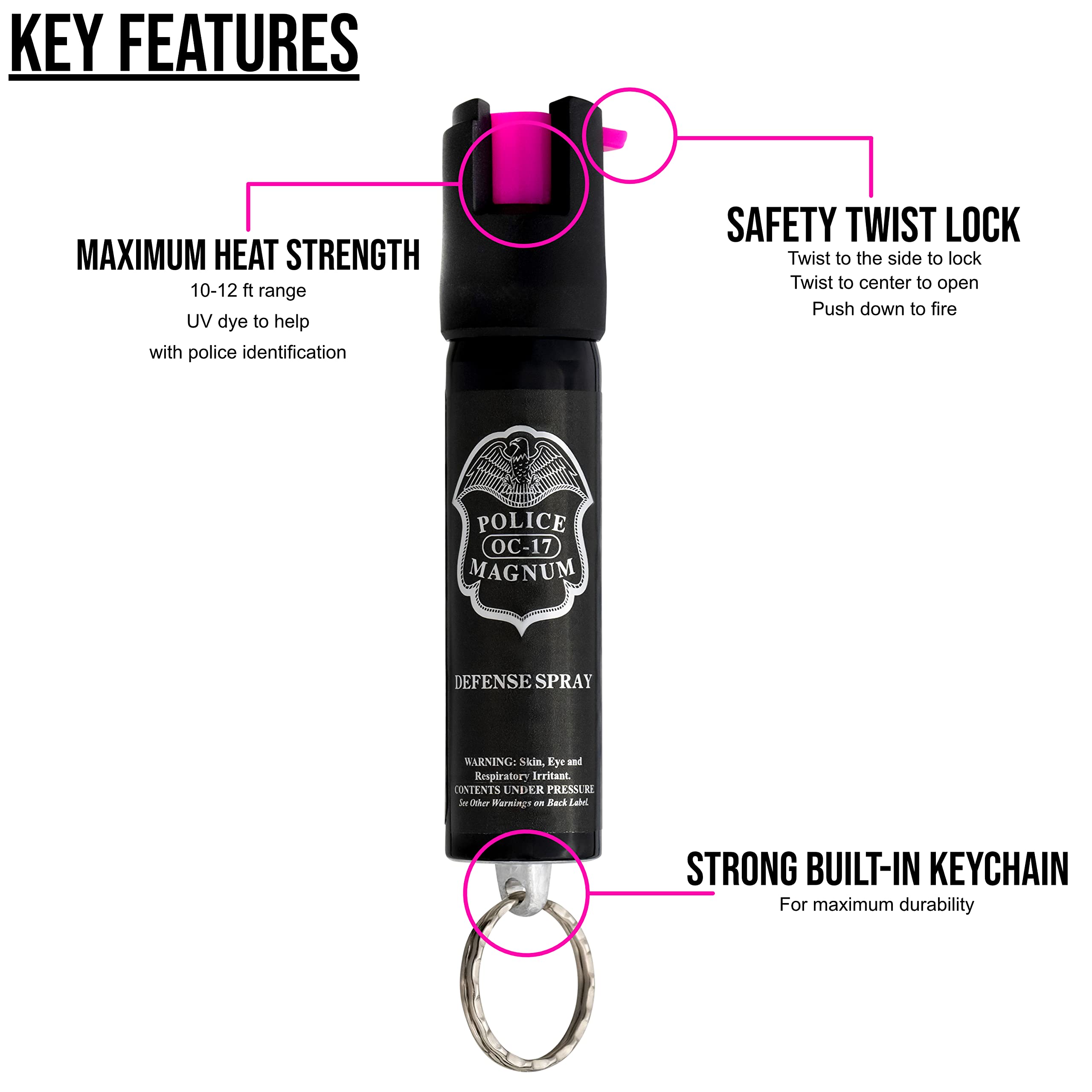 POLICE MAGNUM Pepper Spray Self Defense Security- Made in The USA - 3/4 Ounce Twist Lock (2 Pack .75 Hot Pink Keyrings)