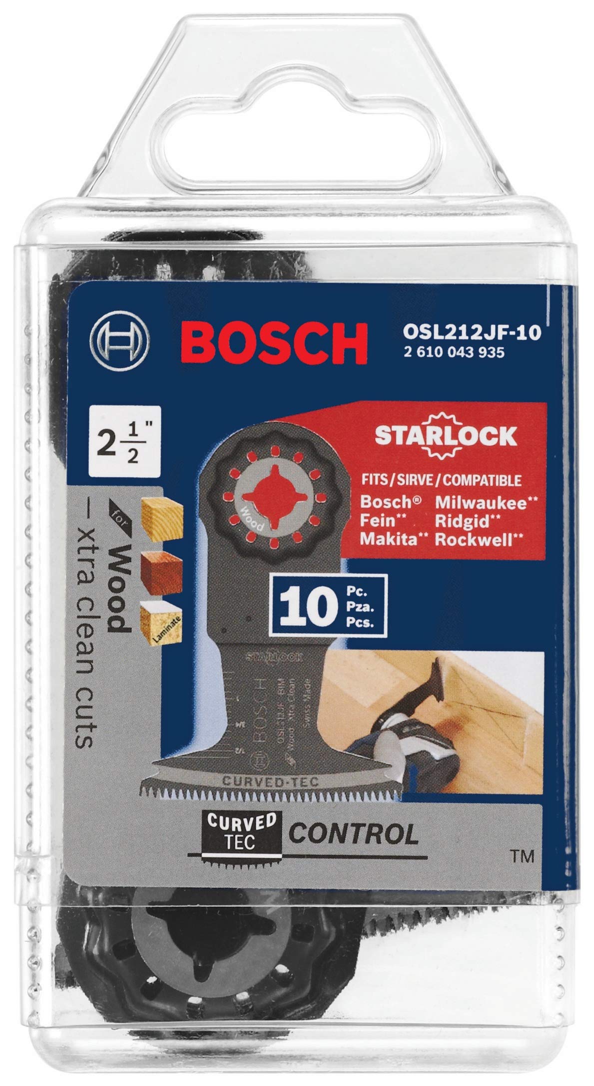 BOSCH OSL212JF-10 10-Pack 2-1/2 In. Starlock Oscillating Multi Tool Wood Curved-Tec Bi-Metal Xtra-clean Plunge Cut Blades for Applications in Cutting Hardwood