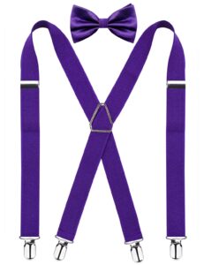 alizeal men's x back elastic adjustable suspender and bow tie, dark purple