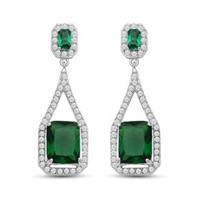 Jewelili Sterling Silver Octagon Simulated Emerald and Round White Clear Crystal Dangle Earrings