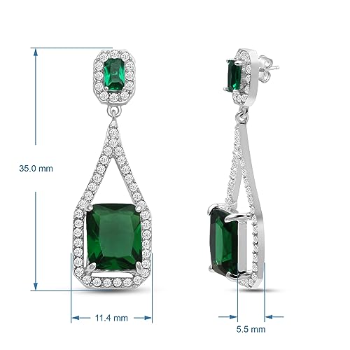 Jewelili Sterling Silver Octagon Simulated Emerald and Round White Clear Crystal Dangle Earrings